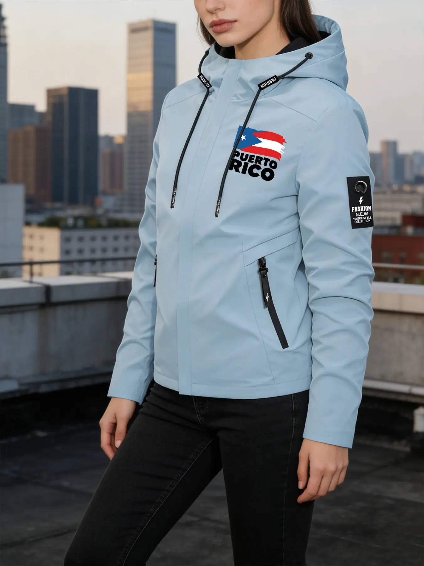 Women's Hooded Windbreaker Jacket Puerto Rico Flag Print Outdoor Windproof Jacket Multi-Color Options Stand Collar Loose All-Season Warm Wind Coat Ideal for Daily Commute Hiking Climbing Wear Soft Comfortable Breathable Machine Washable