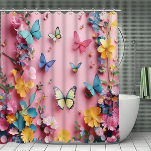 Butterfly Pattern Decorative Bathroom Decor Set, Includes Shower Curtain, Toilet Seat Cover, Rectangular Mat, U-Shaped Pad, Durable Fabric, Home Hotel Apartment Dorm Use
