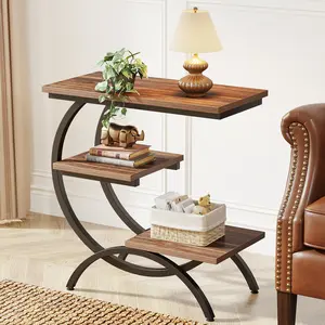 LITTLE TREE End Table, Narrow End Table with 3 Storage Shelves, Industrial C-Shaped Small Sofa Side Table for Living Room, Wood Slim Snack Table with Black Metal Frame, Rustic Brown