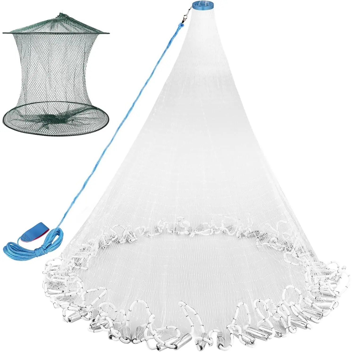 Cast Net for Fishing with Shrimp Cage, Freshwater Saltwater 3/4/5/6/7/8/9/10Ft Radius Casting Net Bait Trap Fish, Heavy Duty Sinker, 3/8 Inch Mesh Size