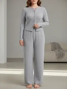 Plus Size Women's Fitted Solid Color Long Sleeve Top & Pants Set, Medium Weight Knit Fabric, Casual Comfortable Two-Piece Clothing, Airport Outfit