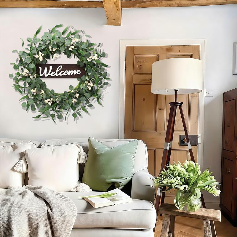 ZMOCEN A Green Eucalyptus Spring/Summer Wreath With A Welcome Sign, Featuring Artificial Spring/Summer White Berries. Suitable For Front Doors, Walls, Windows, Festive Occasions, Farmhouses, Porches, Patios, And Wedding Season Decorations (White + Green). ZMOCEN A Green Eucalyptus Spring/Summer Wreath With A Welcome Sign, Featuring Artificial Spring/Summer White Berries. Suitable For Front Doors, Walls, Windows, Festive Occasions, Farmhouses, Porches, Patios, And Wedding Season Decorations (White + Green).