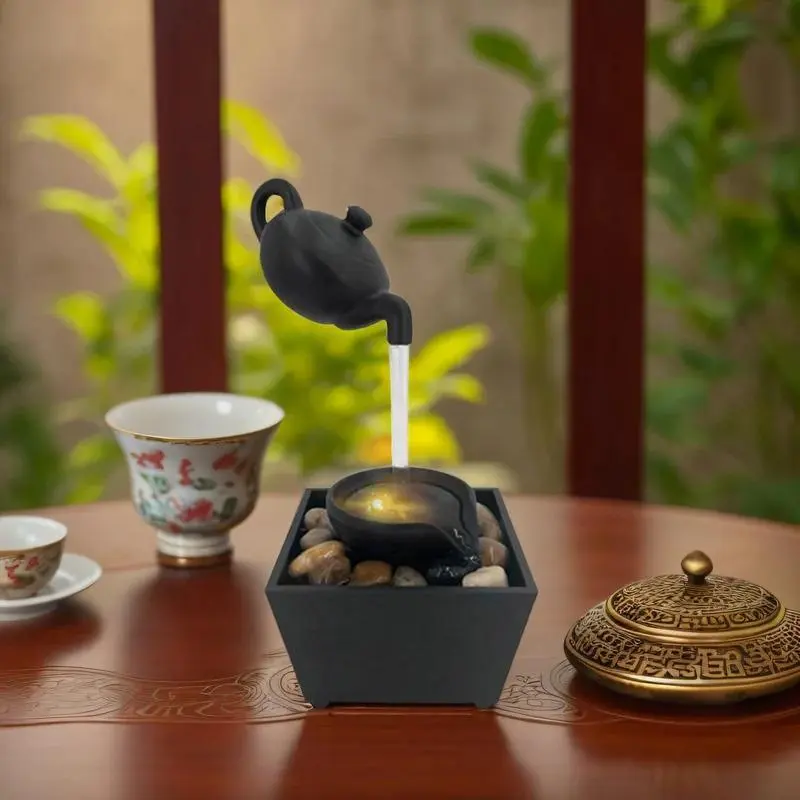 Floating Teapot Water Feature Decoration Indoor Tabletop Waterfall Decoration with LED Light Stone Home Office Desktop Decoration