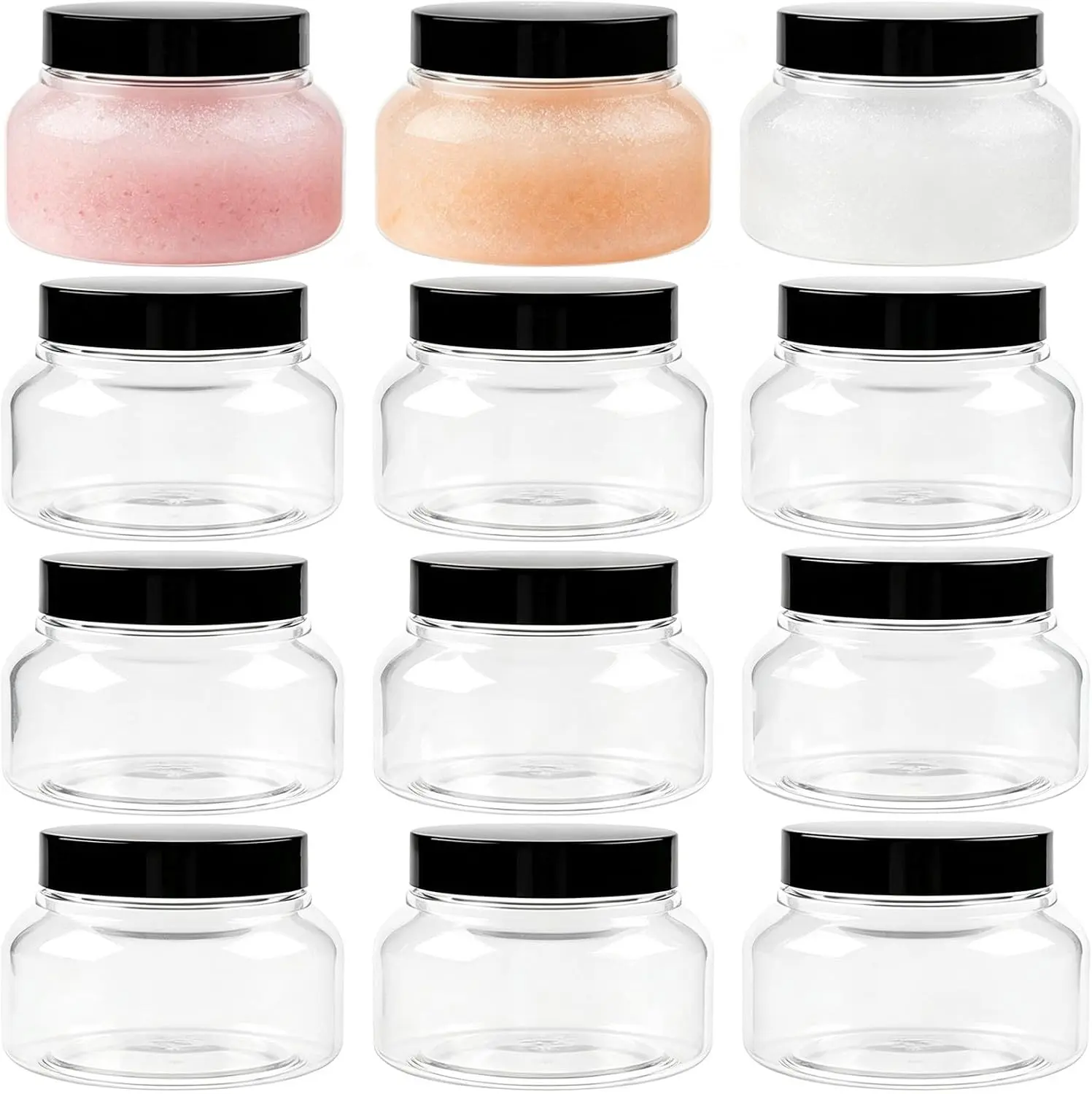 8 Oz Premium Plastic Tuscany Jars with Lids, 12 Pack | Empty Sugar Scrub Containers, BPA Free Cosmetic Containers, For Body Scrub, Body Butter, Lotion, Cream, Gel, Mud Mask