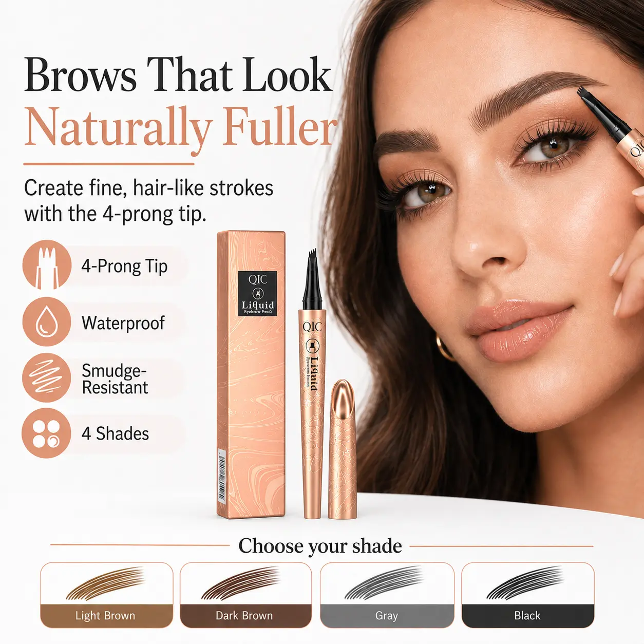 4-Prong Liquid Eyebrow Pen, Waterproof Sweat-Resistant Smudge-Resistant Brow Pen for Natural Hair-Like Strokes, 4 Shades