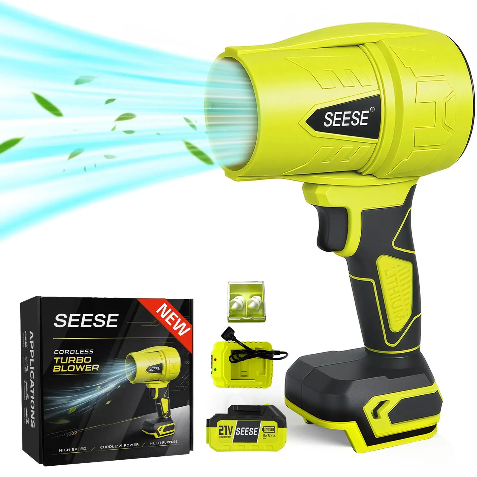 SEESE Cordless Leaf Blower with Battery, Brushless Motor Handheld Air Blower for Car Drying, Dust Cleaning, Snow Removal & Garden Use