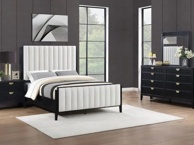 COASTER 224710Q-S4 Modern Brookmead Queen Bedroom Dressing Set - 4-Pc Indoor Furniture Set, Black Wire-Bushed Wood Finish, Tufted Headboard, Fluted Texturing Highlights, Includes Nightstands