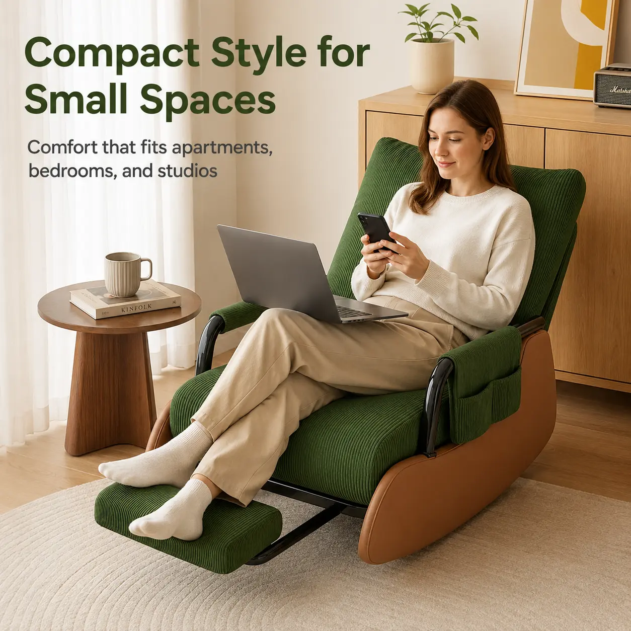 Foldable Reclining Floor Chair with Footrest, Adjustable Backrest Corduroy Lounge Chair for Adults with Thick Padded Seat, Metal Frame and Side Storage Pocket, Compact Reading Gaming Chair for Bedroom, Green