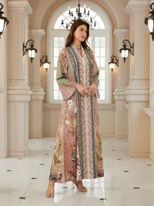 Middle Eastern Ethnic Style Chic Elegant V Neck Long Sleeve Printed Dress, Loose Fit Maxi Jalabiya for Women, Traditional Fashion Clothing Womenswear