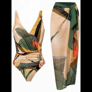 2 Pieces Women's Ruched Backless Tropical Print Wrap Swimsuit & Tie Front Skirt Set, Boho Sleeveless Swimwear Set for Beach Holiday Vacation, Swimsuit for Women, Tummy Control Swimwear for Women, Swimsuit Sets, Bathing Suits, Minimalistic Outfit