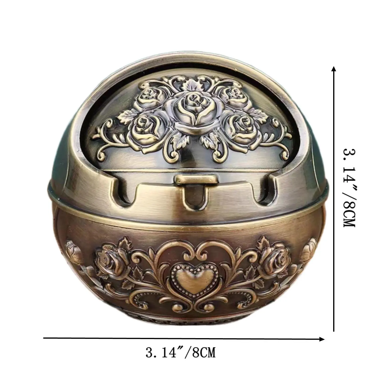 retro decorated rose patterned ashtray with lid, portable metal ashtray, hand carved indoor and outdoor decoration, suitable for men and women, home office room decorationH1HomeFixMart
