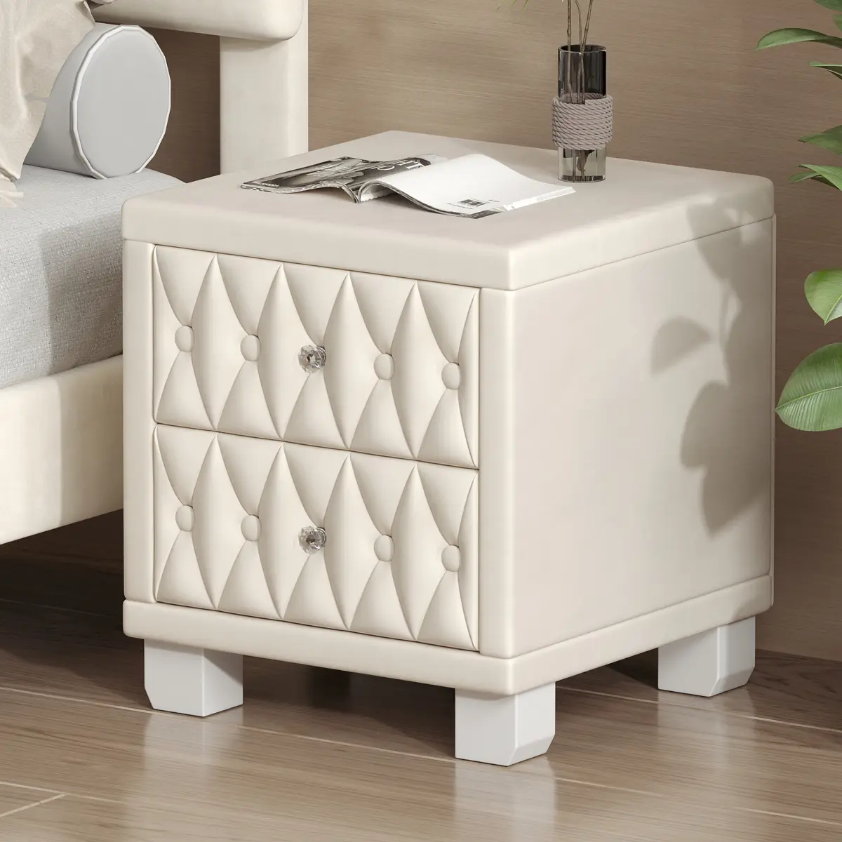 Glam Luxury MDF-Velvet Contemporary Cube Bedside Cabinet Nightstand with 2 Drawers, Button-Tufted, Crystal Knob Handles, Solid Frame & Base, Spacious Storage, 18.1"x18.1"x20", 30lbs Drawer Capacity, Assembly Required, Indoor Bedroom Furniture, Nightstands