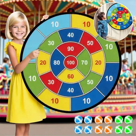 Large Darts Board - Double-Sided Fun Toy with 12 Balls, Hooks, Indoor-Outdoor Sports Party Game, Kids Birthday Gift for Boys and Girls