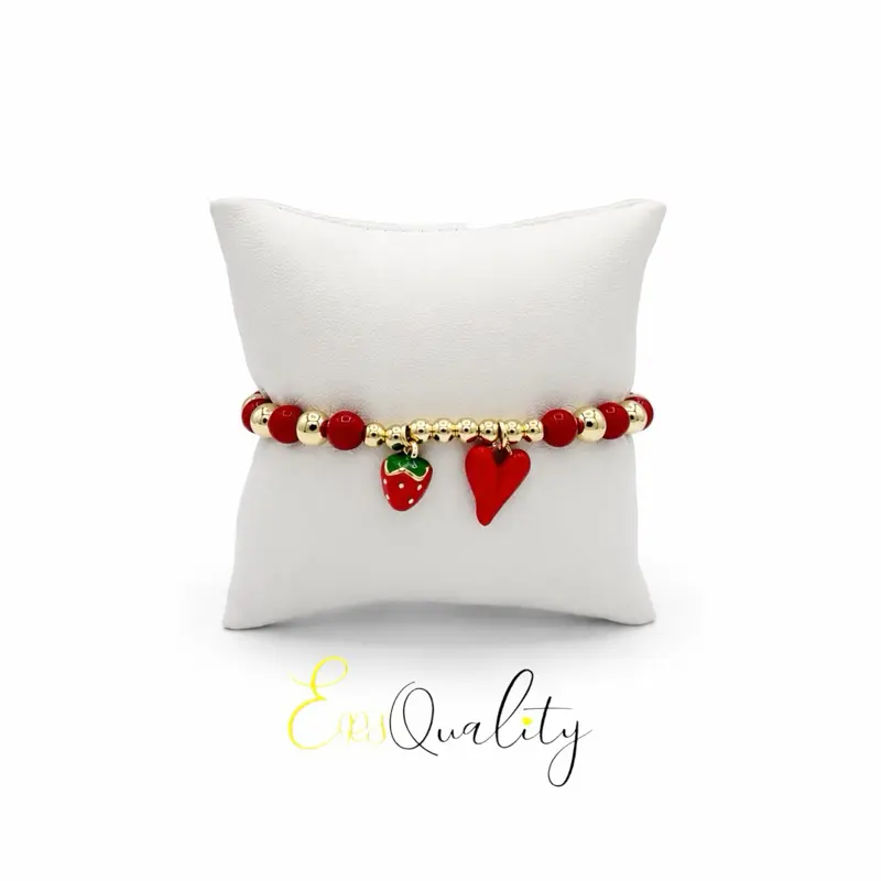 B7 Red Heart and Strawberry Bracelet - Gold Plated 14k