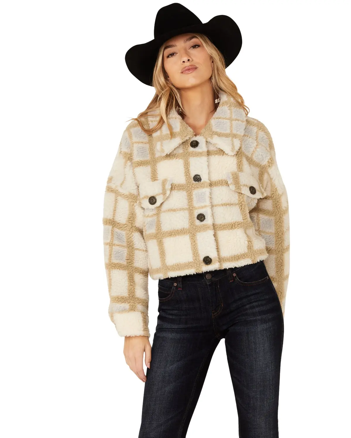 Vigoss Women's Women'S Ivory Grid Print Cropped Sherpa Jacket - J01194a