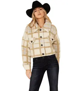 Vigoss Women's Ivory Grid Print Cropped Sherpa Jacket - J01194a