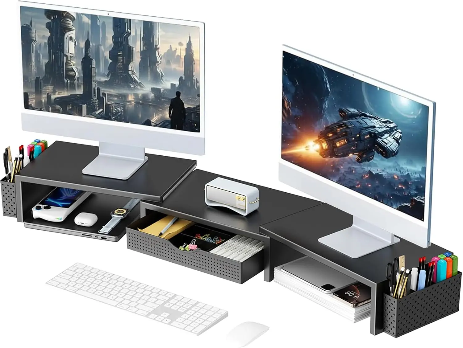 Dual monitor stand riser, height adjustable, no assembly required, includes drawer and 2 pen holders.