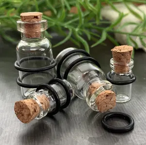 PAIR of Unique Clear Glass Corked Bottle Tunnels/Plugs with O-Rings - Gauges 00g (10mm) thru 5/8" (16mm)