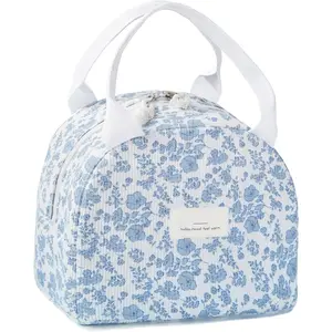 Cute lunch bag,Lunch Box for Women,Blue floral lunch box,large  Insulated Large Capacity Cooler Bag for Adult Aesthetic flower Corduroy Lunch Tote for Work Office, Picnic or Travel