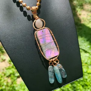 Natural Pink Labradorite, Rose  Quartz & Kyanite Crystal Necklace