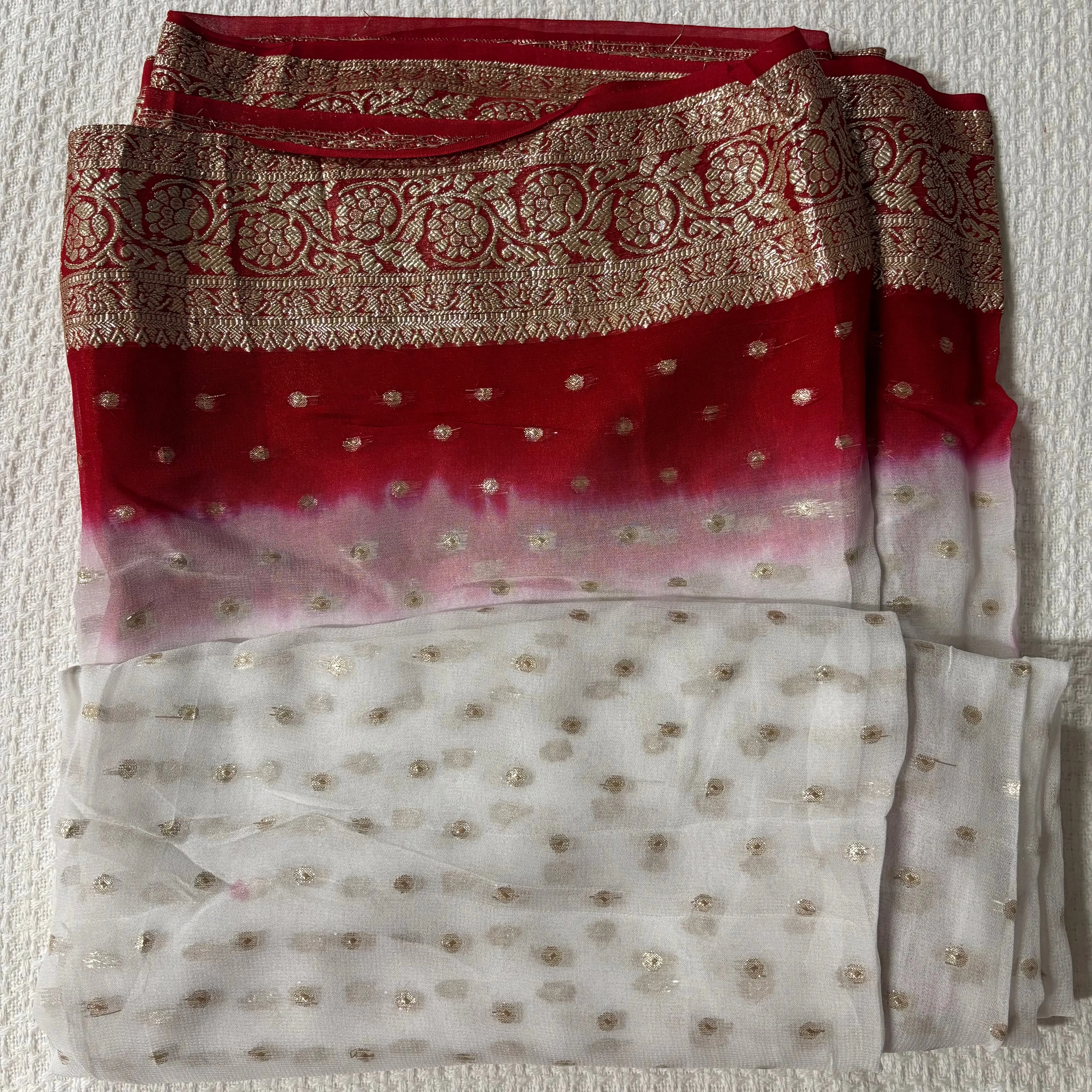 White with Red contrast Saree with Stretchable white Blouse and Stiched Peticot