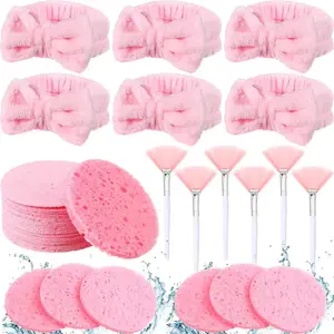 42-piece SPA facial scrub set, suitable for pink pajama parties, includes 6 SPA headbands,  6 fan-shaped facial scrub brushes and 30 compressed SPA sponges, for facial cleansing and skincare.