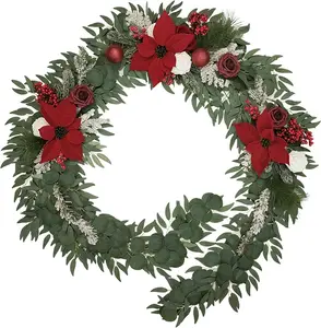 TINGE TIME 9FT Christmas Garlands Artificial Flower Garland with Scented Card, Eucalyptus Garland with Flowers, Rose Garland for Wedding Sweetheart Mantle Table Centerpiece (Red & White) Box Floral xmas decoration