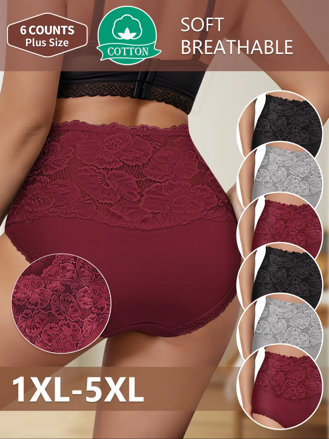 【Soft Cotton】MEIYATING 6pcs Women's Underwear Set, Plus Size Panties, Breathable High-Waisted Lingerie, Sizes 1xl-5xl, All Seasons Comfort
