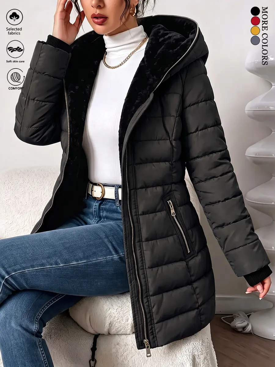 LIFE KEEPS MOVING women’s autumn/winter fleece-lined thick plush hooded jacket/coat, fashionable mature slim-fit warm versatile solid-color outerwear, windproof insulated top, Christmas gift, new arrival for fall