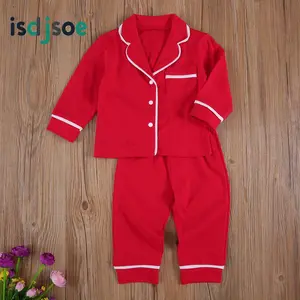 Kids Two-piece Nightwear Clothes Set, Boys and Girls Solid Color Lapel Top + Long Pants, Red/ Pink/ Grey, 0-5 Years