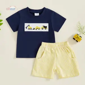 Baby Toddler Boy Shorts Set Tractor Embroidery Short Sleeve T-shirt Striped Shorts 2 Pcs Summer Outfit