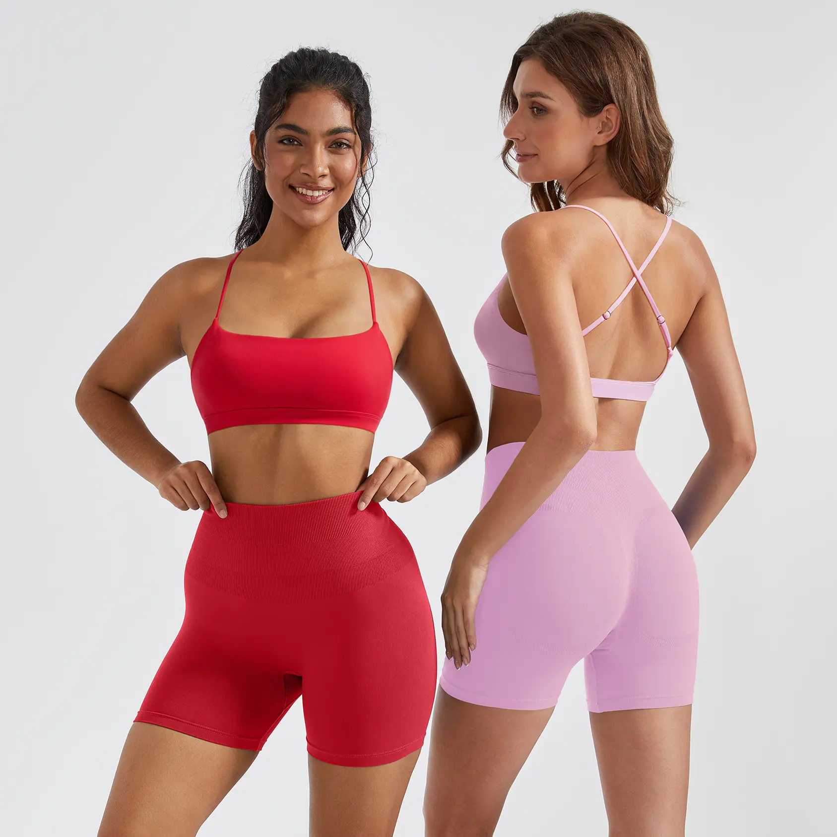 OMKAGI 2 Piece Workout Sets for Women Open Back Padded Sports Bras Booty Shorts with Pockets Gym Outfits