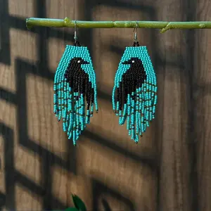 Bohemian Beaded Earrings Black Crow Feather Long Tassel Earrings Handmade Seed Bead & Glass Bead Earrings for Women Men Non Tarnish Magnetic Earrings Suitable for Halloween Daily Wear Christmas Gift Earring Stack Jewelry