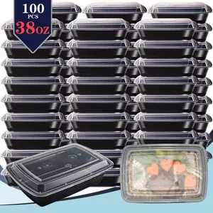 38oz Black Meal Prep Containers - 100/200 Pack, Leakproof Stackable Food Storage Bento Boxes for Takeout, Picnic & Meal Prep