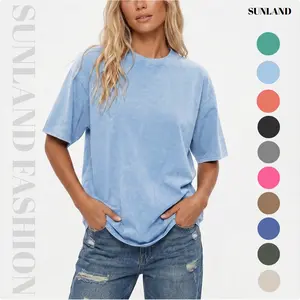 Sunland Women's Oversized Cotton Acid Wash Vintage T-shirt Chew Neck Short Sleeves Summer Top Casual Loose FIt Solid Streetwear Tees Basic Womenswear Women's shirts Good Vibes