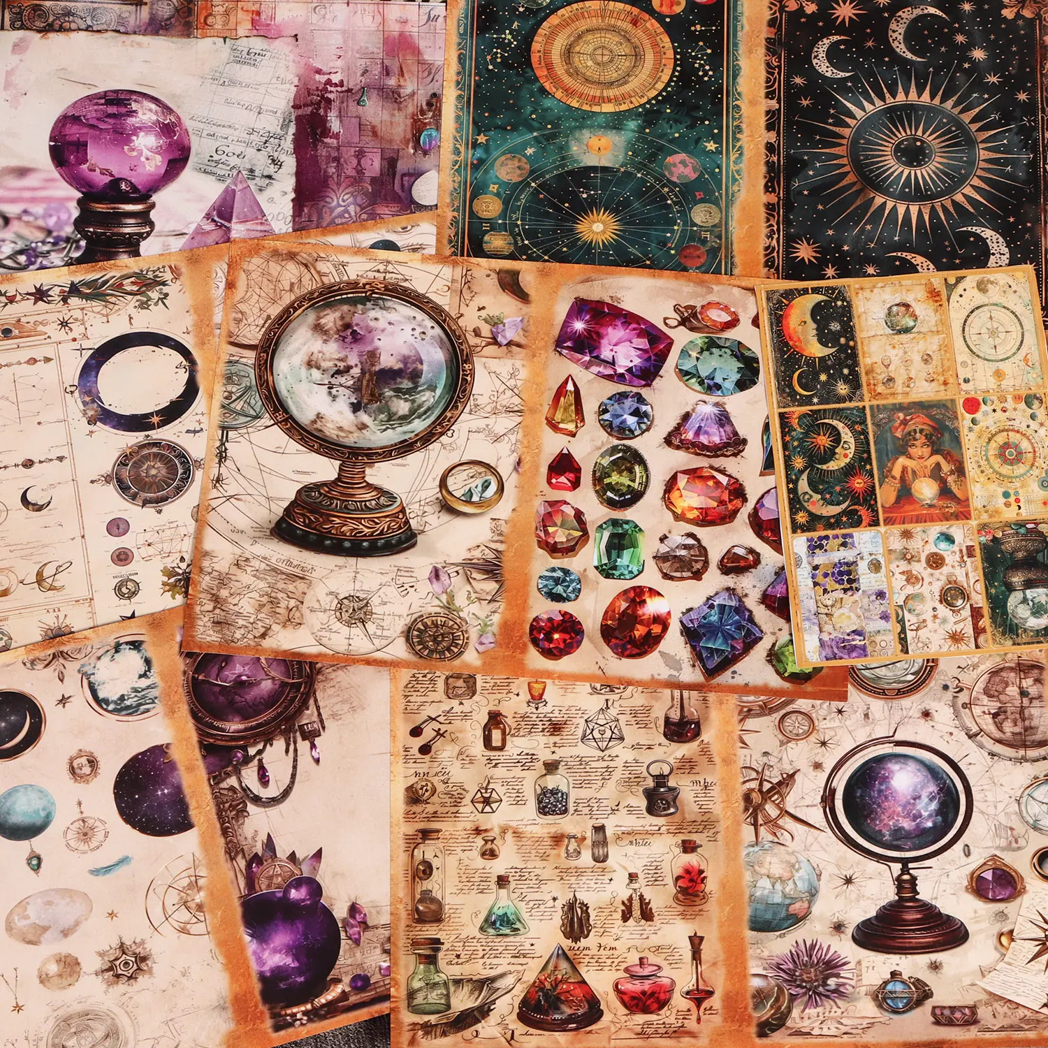 JAIIMAN 58pieces, 12 A5 papers and 46stickers Vintage DIY Decor Scrapbook Paper Set, Vintage Material Paper, Magic Crystal Design, Notebook Covers, Scrapbooking Supplies, Journaling Scrapbooking Kit, DIY Crafts, Holiday Decorations