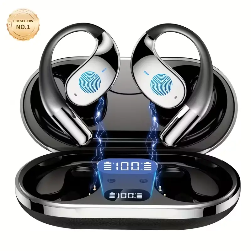 Clip-On Open-Ear Wireless Earbuds, Bluetooth 5.4 Headphones with Gold-Plated Digital Audio & Directional Sound, 60H Playtime, 1.5H Type-C Fast Charge, LED Display, Built-in Mic, IPX5 Sweatproof Secure Sports Fit