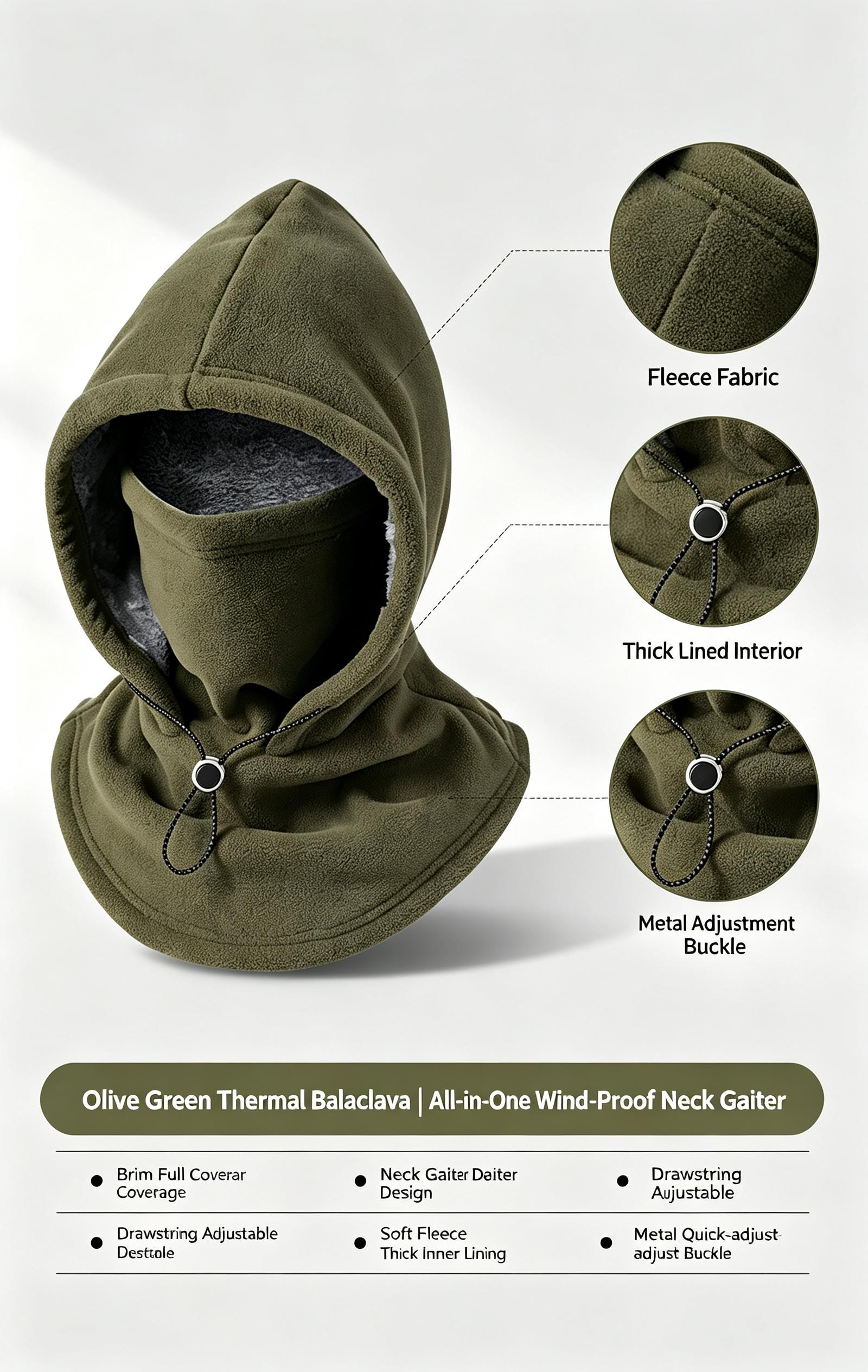 Fleece Double Layer Integrated Hat Winter Men Women Balaclava Ski Face Mask Hood Warm Plush Lined Head Ear Neck Coverage Adjustable Drawstring Extended Shoulder Coverage Weather Outdoor Activities
