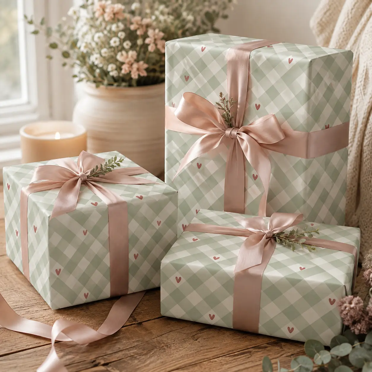 Sage Green Plaid Heart Gift Wrapping Paper Sheet, Pastel Green Gingham & Red Hearts Wrapping Paper, Aesthetic Cute Birthday Baby Shower Gift Wrap