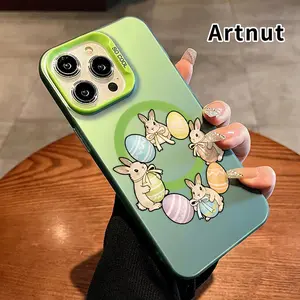 Magnetic Phone Case for iPhone 15 Pro Max 16 Plus 14 13 12 11 E Bunny Easter Circle Pattern Anti-Scratch Military-Grade Drop Protection Slim Cover Smartphone Casing
