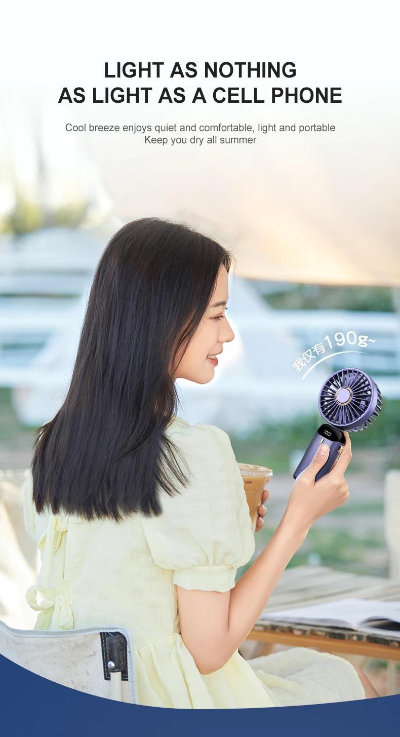 3000mAh Handheld Mini Fan Foldable Portable Neck Hanging Fans 5 Speed USB Rechargeable Fan with Phone Stand and Display Screen