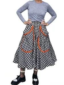 Vintage Gingham Midi Skirt with Oversized Pockets