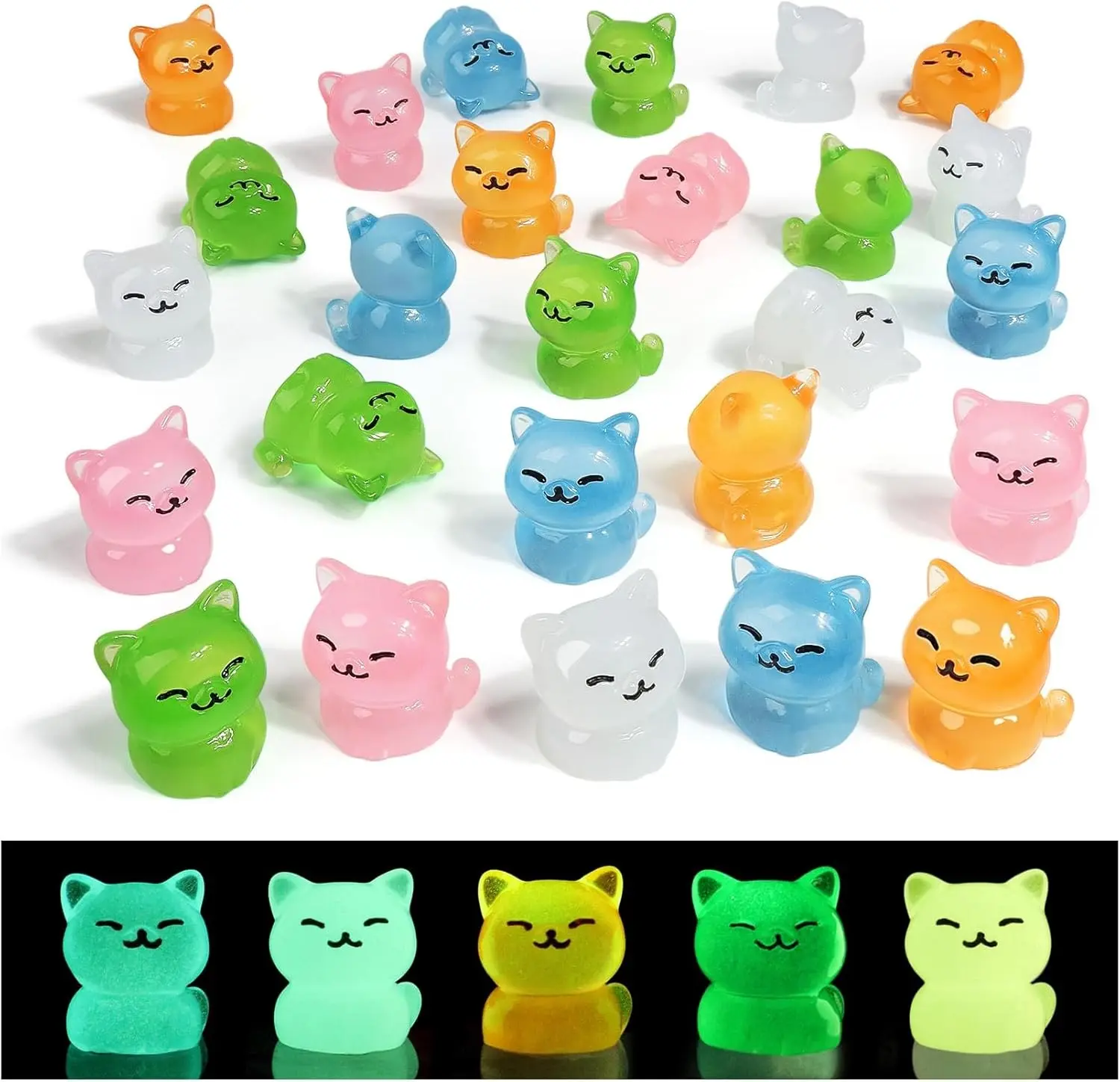24 PCS Multicolored Luminous Mini Resin Cat Figurines - Light-Up Tiny Ornaments for Room Decor, DIY Crafts, Gift Options (Dollhouse, Aquarium, Cake Decor Compatible)