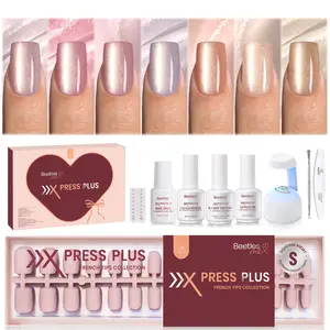 Beetles X Press Plus Gel Nails Kit - 7 Colors Cat Eye Press On Nails Short Square All-in-One Kit With Nail Glue,Remover,Builder Top Coat,Nail Lamp Gift