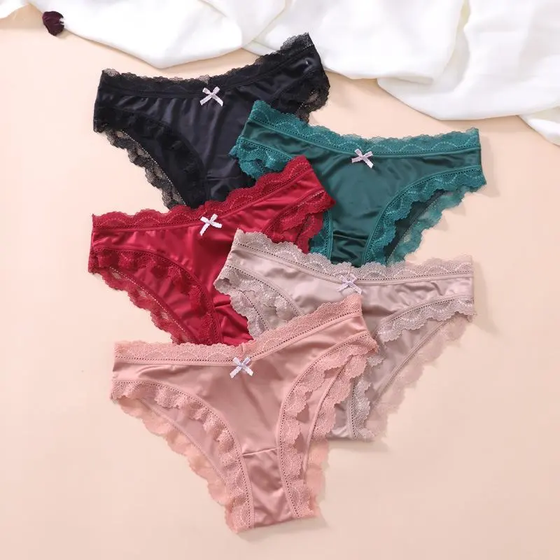 5 Pcs Women Lace Sexy Panties Perspective Underwear Low Waist Mesh Ladies Briefs Solid Breathable Female Underpants Lingerie