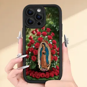 Virgin Mary Rose Pattern Case for iPhone 16 15 14 Pro Max 13 12 11 XR XS Plus Shockproof Non Slip Military-Grade Protection Silicone Cover
