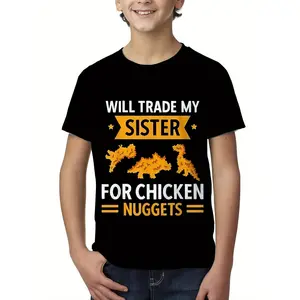 Breathable Fabric, Boys' "Will Trade Sister for Chicken Nuggets" Humorous Black T-Shirt - 100% Cotton, Short Sleeve, Round Neck - Perfect for Summer Fun & Festive Occasions