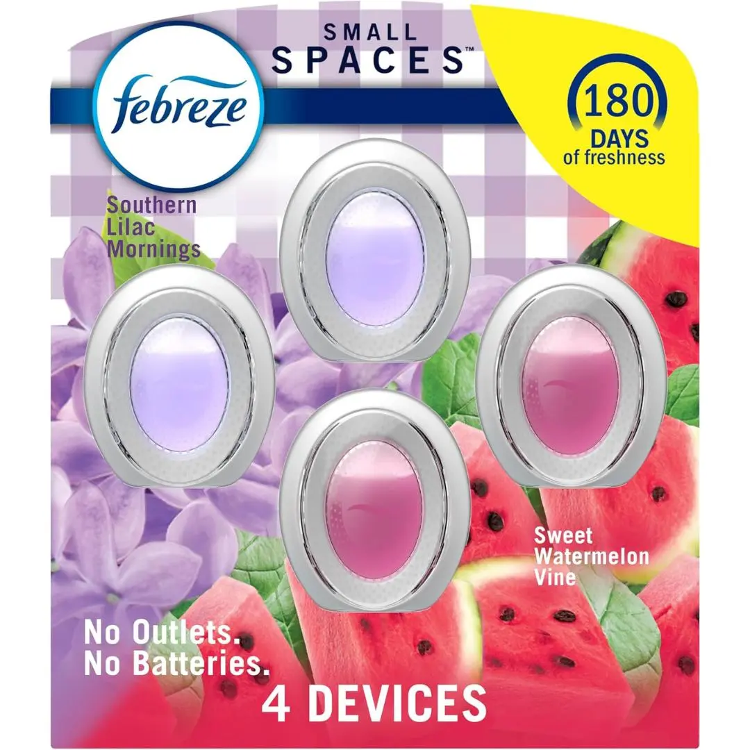 Febreze Small Spaces Air Freshener, Odor-Fighting, Plug In Alternative, for Home and Bathroom and Kitchen, Closet Air Fresheners, Sweet Watermelon Vine & Southern Lilac Mornings Scent, 4 Count