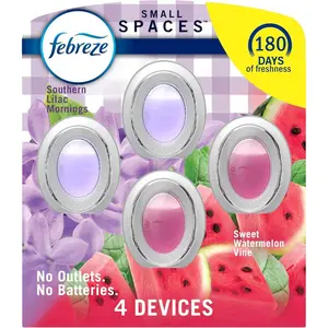 Febreze Small Spaces Air Freshener, Odor-Fighting, Plug In Alternative, for Home and Bathroom and Kitchen, Closet Air Fresheners, Sweet Watermelon Vine & Southern Lilac Mornings Scent, 4 Count