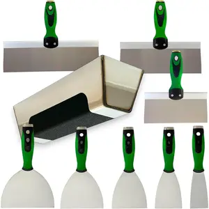 's Flexible Stainless Steel Drywall Taping Set with 12" Mud Pan and Grip 8 10 and 12" Coating with Curved Handles Contoured to the Palm of Your Hand